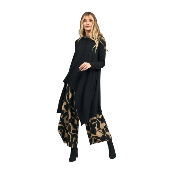 Alembika 2 Tunic Top Hi-Lo Lagenlook Asymmetrical Button Black Mandarin Collar - Picture 12 of 16